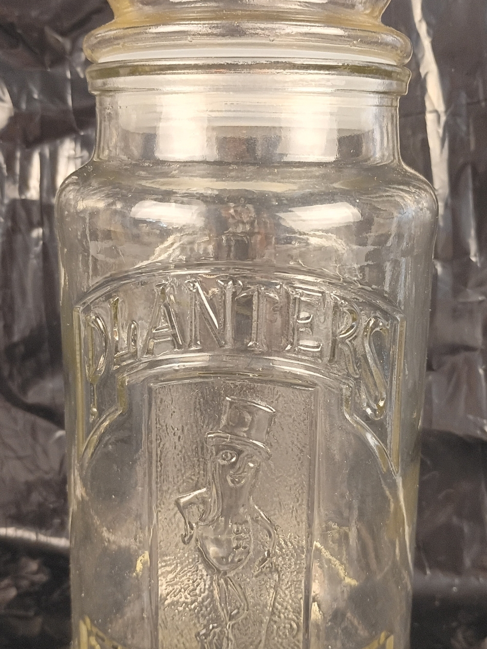 Vintage 1981 Planters Mr Peanut 75th Anniversary Glass Jar Canister w/ Lid